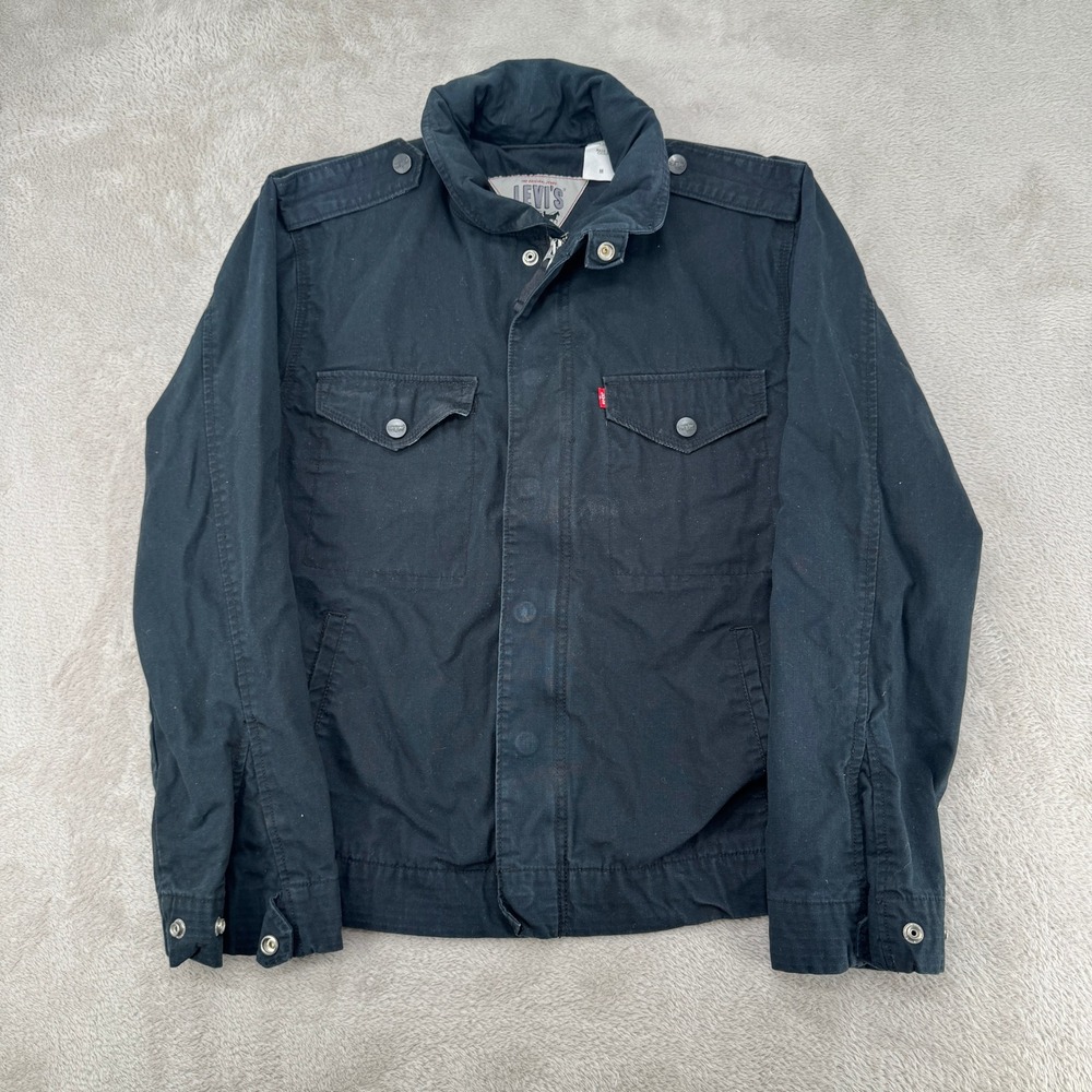 Levi's Mens Military Field Jacket Medium Black Preowned Full Zip Snap Button